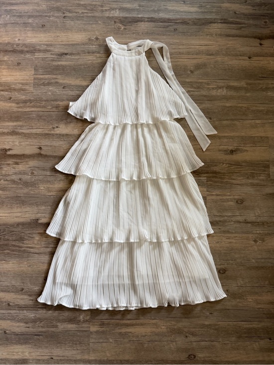 Zesica Dresses & Skirts - Ruffle Pleated Tiered Layered Chiffon Flowy Swing Long Midi Dress in White